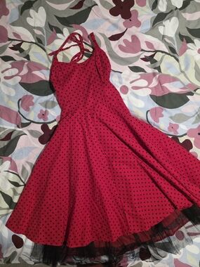 H & R London Vintage-Inspired Red Polka Dot Rockabilly  Dress with Tulle Hem